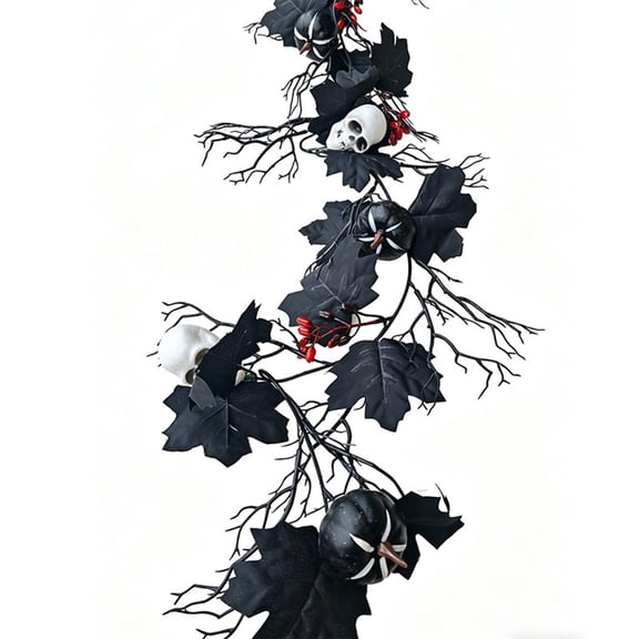 AURIGATE Artificial Halloween Skull Garland, 68.89 in, Black Plastic Vine for Door and Outdoor Decor