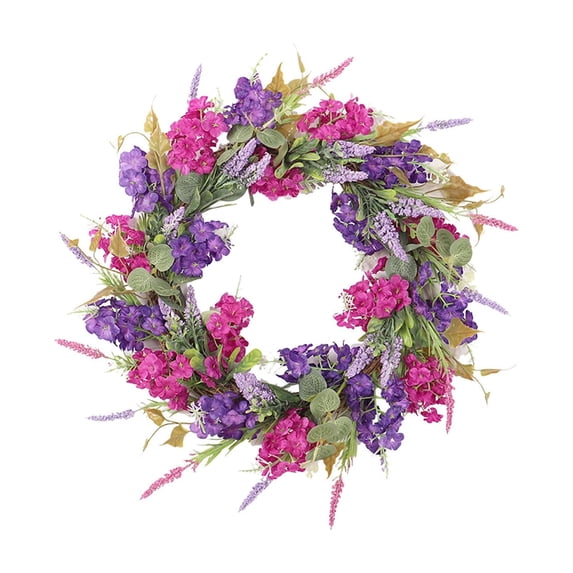 AURIGATE Artificial Heart Flower Wreath 16.92in, Purple Floral Wreath with/without Warm LED Lights for Front Door Porch Home Outdoor Spring Holiday Decoration