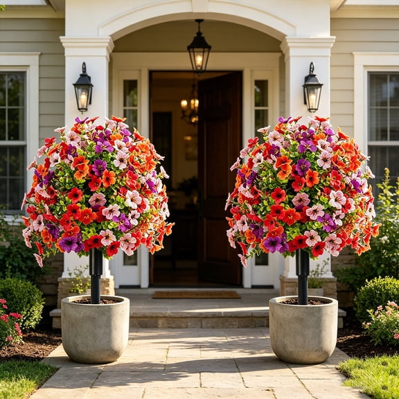 AURIGATE Artificial Pansy Topiary Tree with Ground Spike, 28 Blooms Fall Mixed Fake Violet Flower Shrub, UV Resistant Plastic Faux Floral Tree for Front Porch Patio Garden Landscape Decor