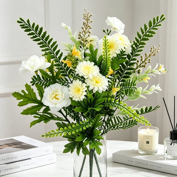 AURIGATE Artificial White Gardenia Flower Bouquet, Plastic Fake Mixed Floral Arrangement with Fern Leaves, Faux Flower Bunch for Vase Wedding Home Table Centerpiece Decor