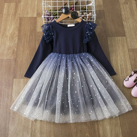 AURIGATE Baby Girl Clothes Skirt Toddler Baby Girl Fashion Long Sleeved Star Sky Printing Princess Mesh Dress Girls Skirt