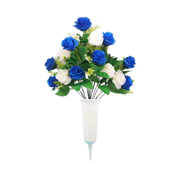 AURIGATE Cemetery Artificial Rose Bouquet with Vase Stake, 19.69in Plastic Memorial Flowers for Grave Decor (Dark Blue & White)