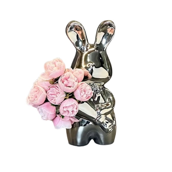 AURIGATE Ceramic Bunny Vase, Glossy Iridescent & Silver Rabbit Flower Holder, Modern Table Centerpiece for Easter & Home Decor
