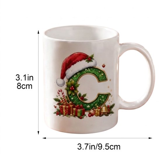 AURIGATE Christmas Letter C Mug, White Ceramic Coffee Cup with Santa Hat Monogram C and Festive Greenery, 11 oz Holiday Hot Cocoa Cup Gift for Home Decor
