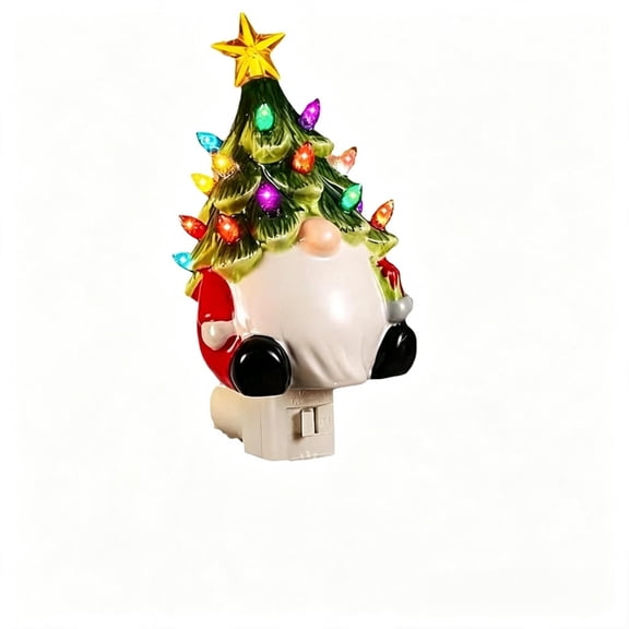 AURIGATE Christmas Night Light, 6.77x1.22 in Plastic, Gnome Ceramic Tree Plug-in Wall Lamp with Multicolor Glow