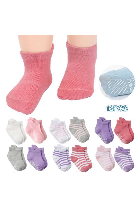 Clearance! Baby and Toddler Socks 12 Pairs Non-Slip Toddler Floor Socks With Grips For Baby Boys And Girls - Anti-Slip Short Socks For Infant's And Kids