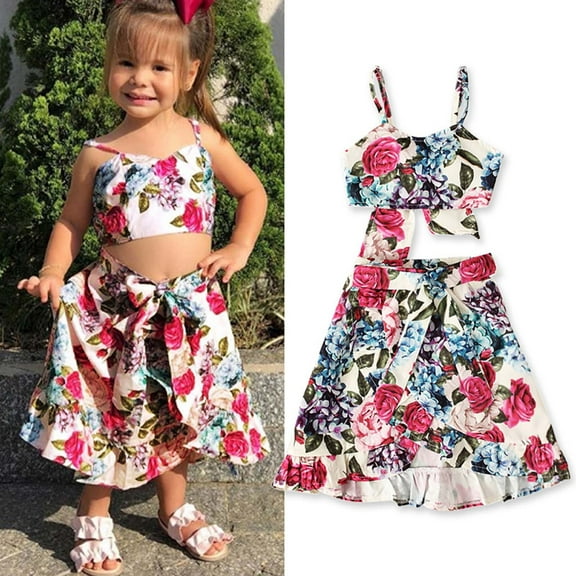 AURIGATE Clearance! Toddler Girl Baby Summer Sling Top   Floral Skirt Two-piece Children Skirt Suit