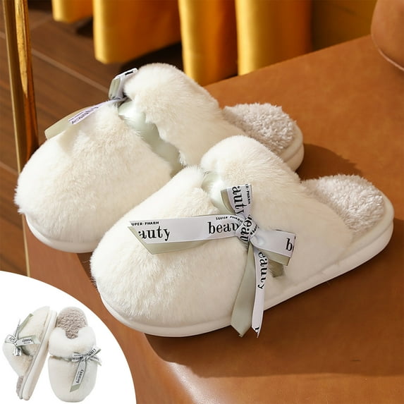 AURIGATE Close Toe Fuzzy Fluffy House Slippers for Women Cozy Memory Foam Plush Criss Cross Furry Slides Slippers