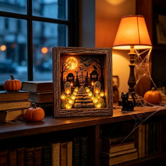 AURIGATE DIY Sea Glass Night Light, 8.46 inch Wooden Frame Halloween Box Lamp, Battery LED Table Decor for Holiday Home Gift