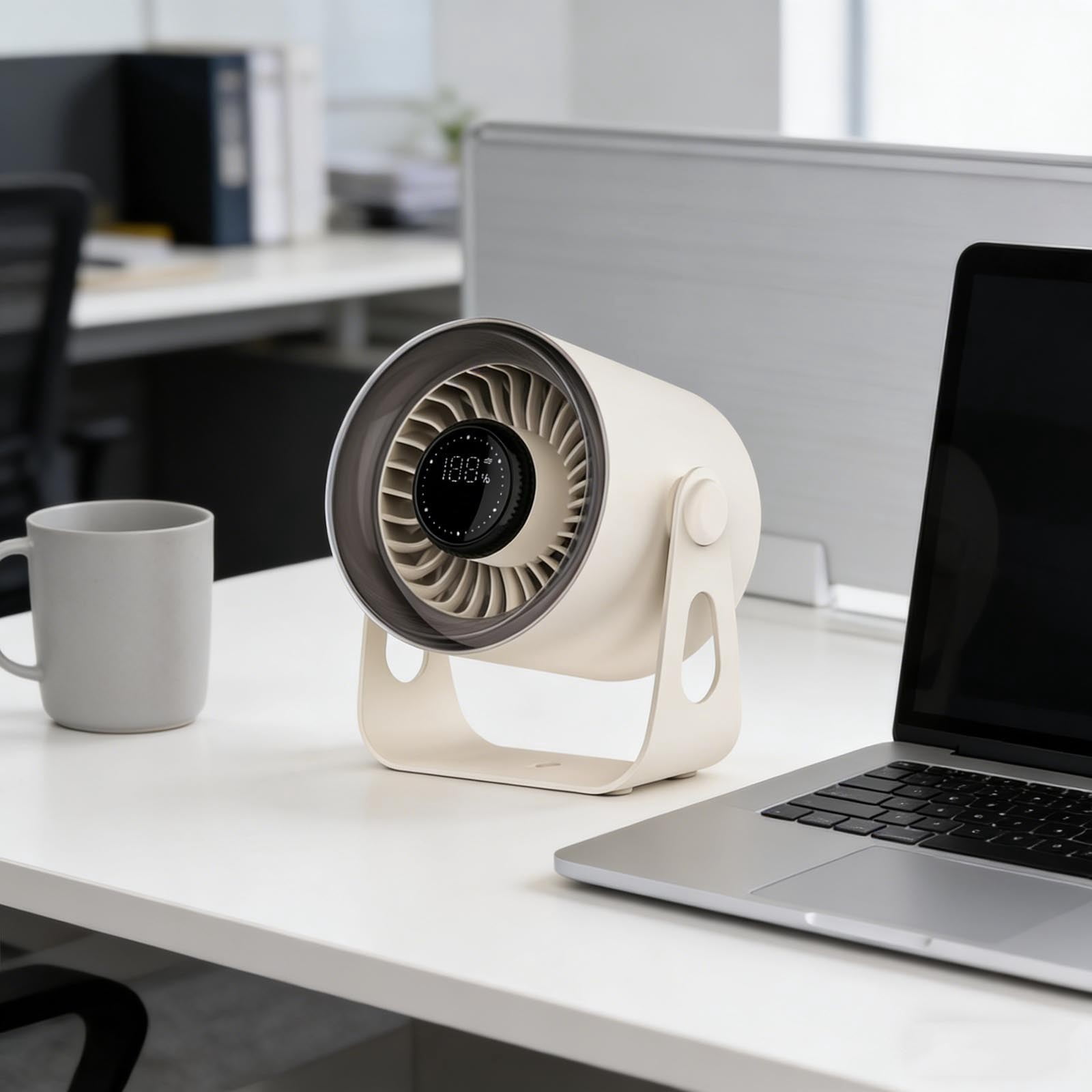 AURIGATE Desktop Turbine Fan, Intelligent Digital Display Wall-Mounted Small Fan, Portable USB Rechargeable Cooling Fan for Office Bedroom Kitchen, Beige, 6.69x4.72x4.72 inches