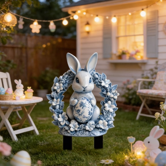 AURIGATE Easter 2D Acrylic Bunny Garden Stakes - Rabbit with Eggs & Floral Wreath Decorative Yard Signs for Spring Outdoor Lawn Decor