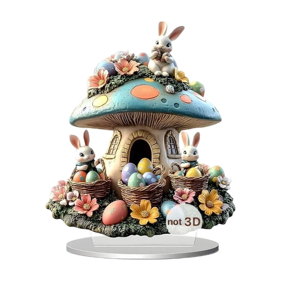 AURIGATE Easter Acrylic 2D Figurines,Printed Bunny & Mushroom House Tabletop Decor for Spring Easter Party Home Display