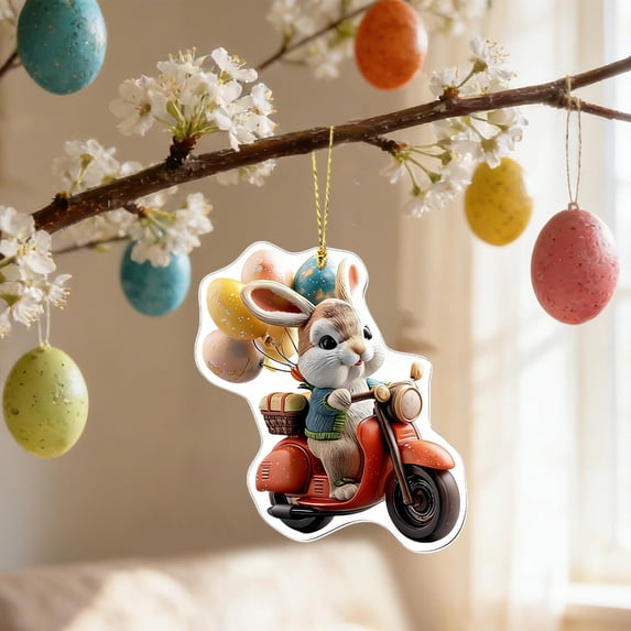 AURIGATE Easter Acrylic Flat Hanging Ornament, Bunny Riding Horse/Motorcycle Design, Festive Decor for Home Party Tree
