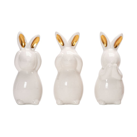 AURIGATE Easter Bunny Ceramic Figurine Set (3-Piece), 2.055in White Bunny Decor with Gold Accents, Spring Tabletop & Shelf Decor for Easter Celebrations