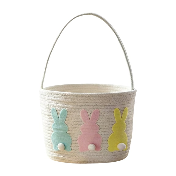 AURIGATE Easter Bunny Cotton Basket, Decorative Woven Cotton Basket with Bunny Applique & Pom-Poms, Easter Egg Hunt Basket for Party Favors, Candy & Gift Storage, Holiday Home Decor