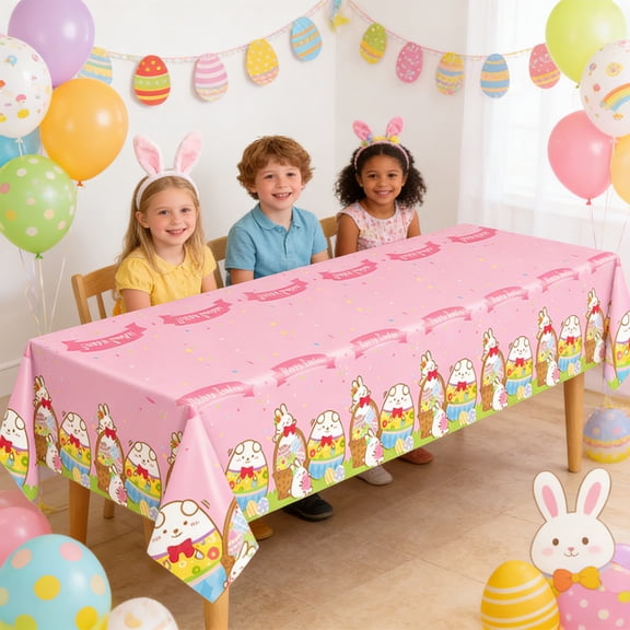 AURIGATE Easter Bunny Egg Disposable Tablecloth, 107.87×53.94in Large Party Table Cover, Festive Easter Tableware for Party Tables