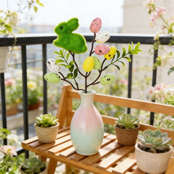 AURIGATE Easter Bunny Egg Picks Plastic Floral Stems with Plush Rabbit & Colorful Eggs for Spring Bouquet Home Decor