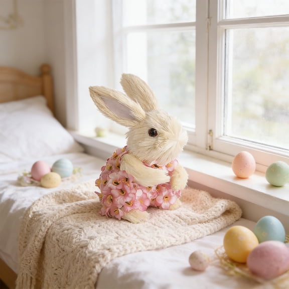 AURIGATE Easter Bunny Figurine 3.94x3.94x5.3in Plastic Pink Floral Dress Rabbit Statue for Easter Home Tabletop Spring Holiday Decor