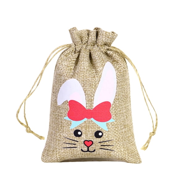 AURIGATE Easter Bunny Linen Drawstring Bags 3.94×5.91in, Cloth Easter Gift Bags with Bunny & Carrot Patterns, Spring Themed Treat Bags for Party Favors & Easter Decoration