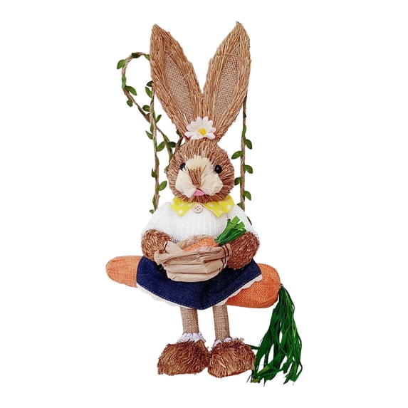 AURIGATE Easter Bunny on Swing Hanging Decor, 13.77in Wooden Swing Bunny Ornament, Plush Rabbit with Carrot Accents for Easter Tree, Porch, Home Decor & Spring Celebrations