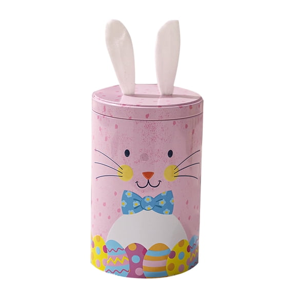 AURIGATE Easter Bunny Tin Canister 4.13×6.3in, Cute Rabbit Shaped Metal Storage Container, Festive Candy Jar & Gift Box for Easter & Spring