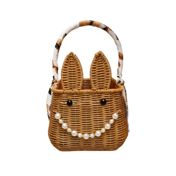 AURIGATE Easter Bunny Wicker Storage Basket 10.247.096.3in, Plastic Woven Bunny Basket with Scarf & Pearl Chain, Large Capacity Easter Egg Hunt Basket for Kids & Party Decor