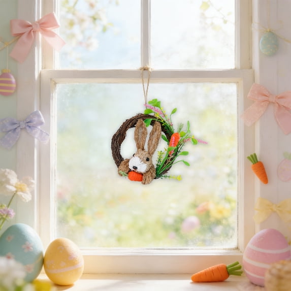 AURIGATE Easter Bunny Wooden Twig Wreath with Felt Rabbit Floral Accents 7.09in for Wall Door Home Decor