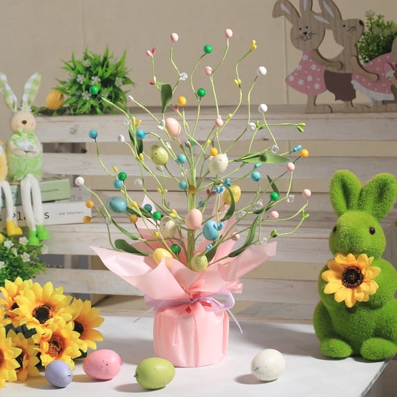 AURIGATE Easter Carrot Egg Artificial Tree Tabletop Decorations,16.5 Inch Fake Spring Bonsai Tree with Delicate Ornaments for Indoor Outdoor Holiday Home Party Table Centerpiece Decor