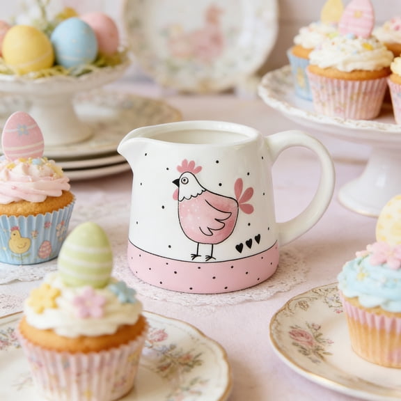 AURIGATE Easter Chicken Ceramic Pitcher, Pink Chicken Heart Pattern Creamer Milk Jug for Coffee Tea Table Decor