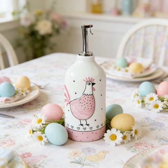AURIGATE Easter Chicken Ceramic Soap Dispenser, Pink Chicken Polka Dot Lotion Pump Bottle for Bathroom Kitchen Decor