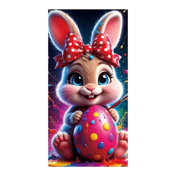 AURIGATE Easter Door Cover 35.4×70.8in, Polyester Easter Door Banner, Cute Bunny with Giant Egg Print Door Hanging Decor for Indoor & Outdoor Party
