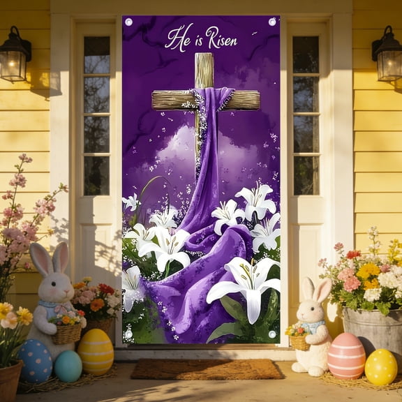 AURIGATE Easter Door Cover, Nylon & Spandex Blend 'He is Risen' Cross Design Door Banner for Front Door Porch Home Decor, Waterproof Stretchable Easter Backdrop for Church & Party