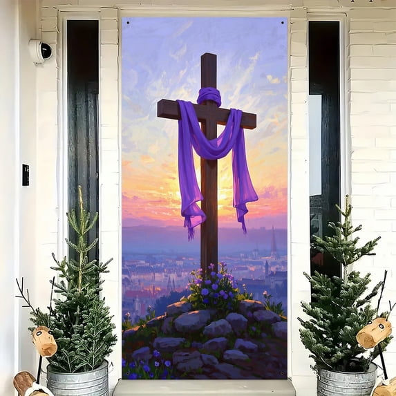 AURIGATE Easter Door Curtain, 35.43×70.87 Inches Polyester Banner, Bunny,Cross,Egg,Donkey Resurrection Front Door Decor