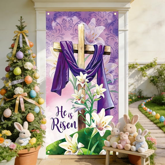 AURIGATE Easter Door Decorations Bunny Egg Door Cover,Hanging Banner Decor Farmhouse Holiday Decor Spring Party Decoration for Front Wall Backdrop Indoor Outdoor,72 x 35 Inch