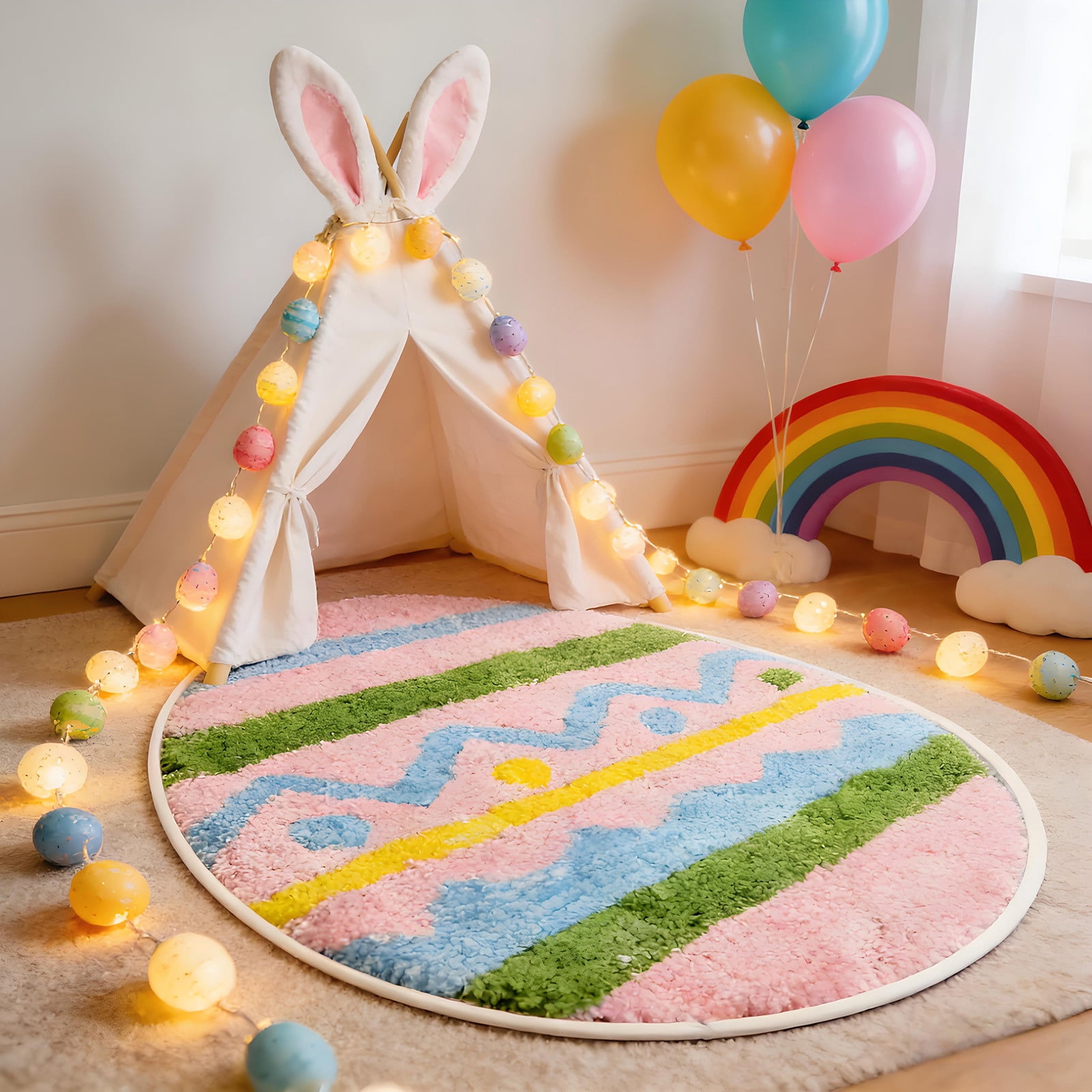 AURIGATE Easter Egg Shaped Plush Polyester Rug, Colorful Geometric ...