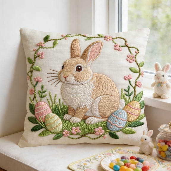 AURIGATE Easter Embroidered Double Bunny & Egg Pattern Pillowcase, 17.72in Polyester Decorative Throw Pillow Cover, Festive Spring Easter Sofa Couch Home Decor