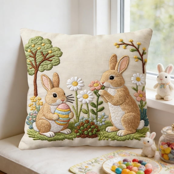 AURIGATE Easter Embroidered Double Bunny & Egg Pattern Pillowcase, 17.72in Polyester Decorative Throw Pillow Cover, Festive Spring Easter Sofa Couch Home Decor