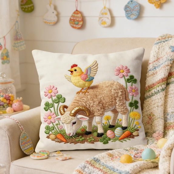 AURIGATE Easter Embroidered Egg & Butterfly Pillowcase, 17.72in Decorative Throw Pillow Cover, Festive Spring Easter Sofa Couch Home Decor (Multi-Pattern)