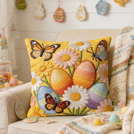 AURIGATE Easter Embroidered Egg & Butterfly Pillowcase, 17.72in Decorative Throw Pillow Cover, Festive Spring Easter Sofa Couch Home Decor (Multi-Pattern)
