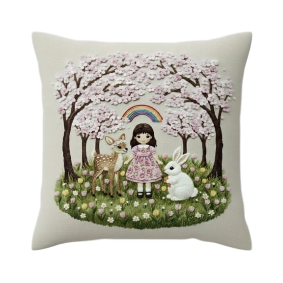 AURIGATE Easter Embroidered Pillow Cover, 17.71in Cloth Pillowcase with Girl Deer Rabbit Cherry Blossom Print for Spring Easter Home Sofa Decor