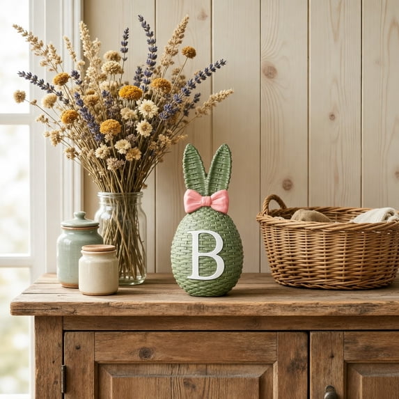 AURIGATE Easter Green Woven Texture Bunny Figurine 3.14×6.49in, Resin Rabbit Statue with Pink Bow & Letter B for Spring Easter Tabletop Tiered Tray Home Farmhouse Decor