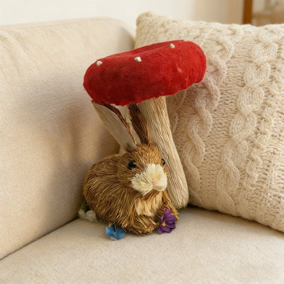 AURIGATE Easter Handmade Woven Bunny Figurine 5.51x6.69in Cotton Straw Rabbit with Mushroom Tabletop Ornament for Spring Easter Home Desktop Shelf Decor Holiday Gift
