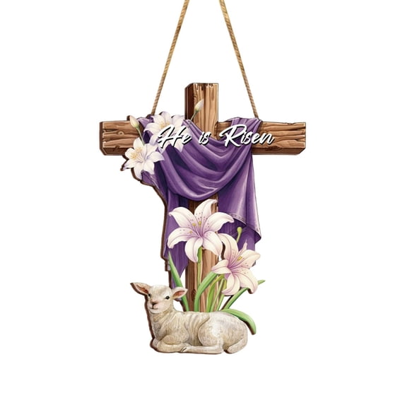 AURIGATE Easter "He is Risen" Wooden Cross Door Sign 8.2x11in, Religious Easter Decor with White Lily & Lamb, Festive Front Door & Home Decor