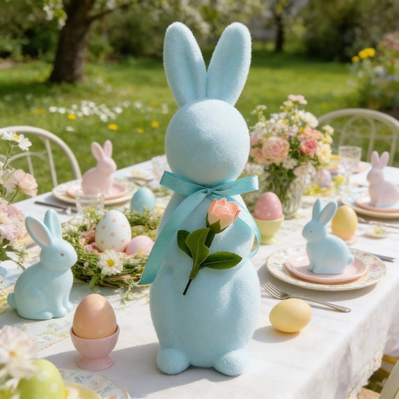 AURIGATE Easter Light Blue Flocked Bunny Figurine 2.9×10in, Foam Rabbit Statue with Artificial Rose for Spring Easter Tabletop Home Farmhouse Party Decor