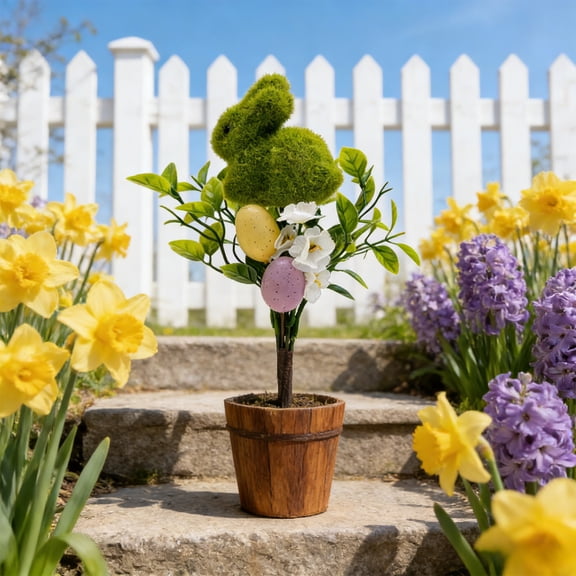AURIGATE Easter Moss Bunny Potted Tree, Mini Artificial Spring Decor with Eggs & Flowers for Tabletop & Outdoor