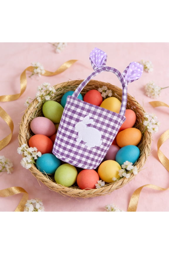 Easter Multi-Color Gingham Bunny Basket,Rabbit Ear Tote for Egg Hunt, Party Favors & Spring Decor