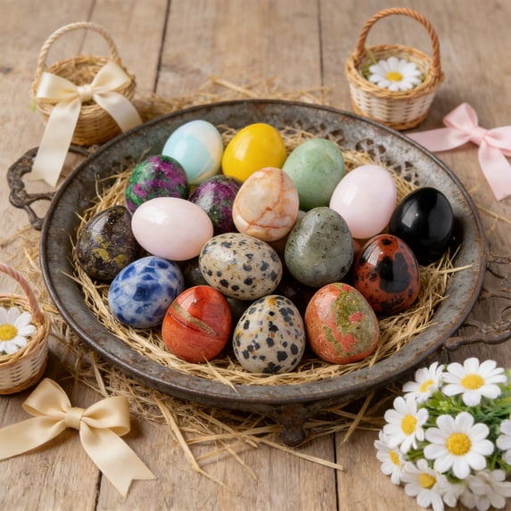AURIGATE Easter Natural Stone Eggs Set, Handcrafted Marble Easter Eggs with Unique Patterns, Decorative Stone Egg Collection with Gift Box for Easter Hunt, Table Centerpiece(Random Pack)