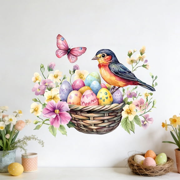AURIGATE Easter PVC Wall Decals - Bunny Egg Floral Removable Stickers for Spring Home Window Decor
