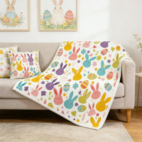 AURIGATE Easter Peeps Bunny Flannel Blanket, Cute Rabbit Easter Eggs Throw Blanket Gifts for Kids Men Women, Colorful Polka Dot Spring Soft Blanket for Bedding Sofa 39.37×29.5 Inch
