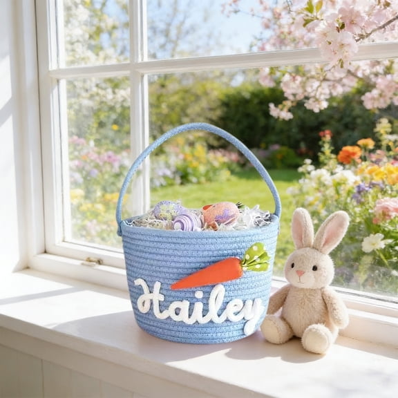 AURIGATE Easter Personalized Woven Basket, Easter Egg Basket with Custom Name & Carrot Decor, Portable Easter Treat Basket for Egg Hunt, Party, Home Decor & Gift Giving